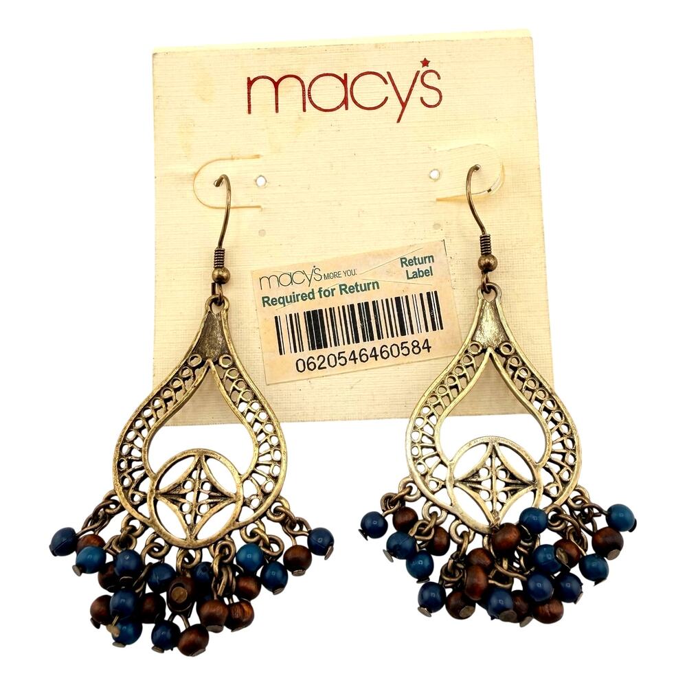 NWT Boho Teardrop Filigree Brown Blue Beads Macy's Gold Tone Dangle Earrings